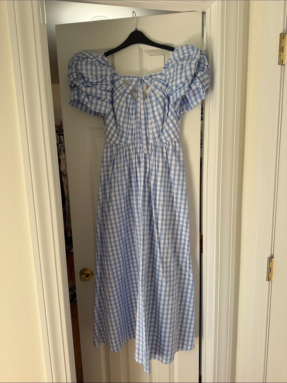 ANTONIO MELANI Blue Gingham Puff-Sleeve Midi Dress